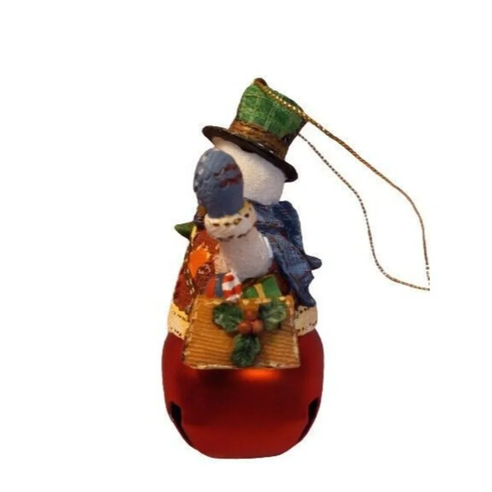 Snowman Bell Christmas Ornament Tree Gift Basket Resin Metal Hanging Vintage